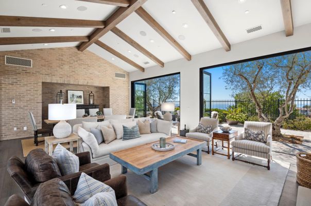 Dining room, Interior, Living room, Recessed Lighting, Stone Walls, Wooden Beams, Wood Texture Flooring