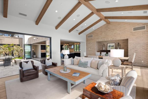 Dining room, Interior, Living room, Recessed Lighting, Stone Walls, Wooden Beams, Wood Texture Flooring