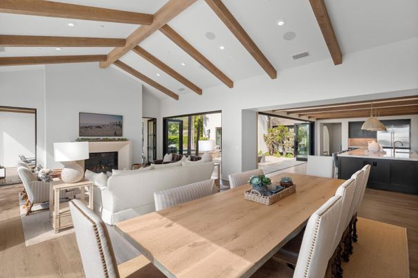 Dining room, Fireplace, Interior, Kitchen, Living room, Pendant Lights, Recessed Lighting, Wooden Beams, Wood Texture Flooring