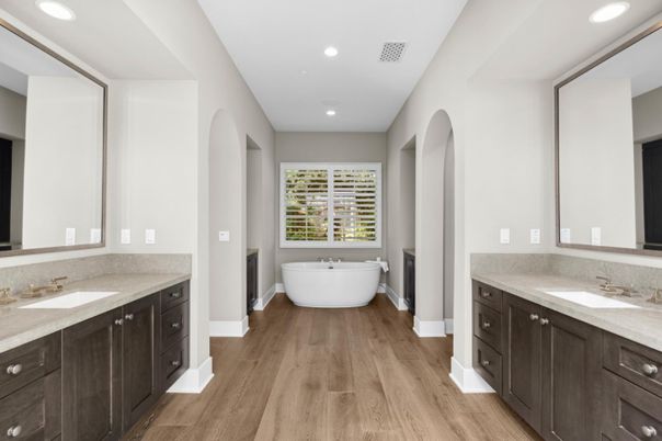 Bathroom, Dual Sink Vanities, Free Standing Baths, Interior, Recessed Lighting, Wood Texture Flooring