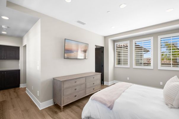 Bedroom, Interior, Recessed Lighting, Wood Texture Flooring