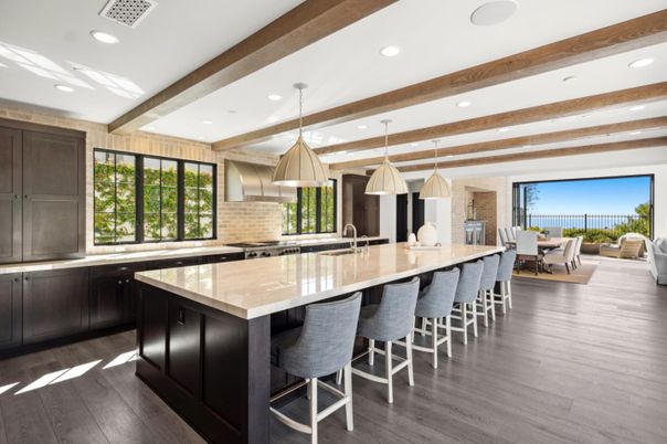 Dining room, Interior, Kitchen, Pendant Lights, Recessed Lighting, Stainless Steel Appliances, Wooden Beams, Wood Texture Flooring