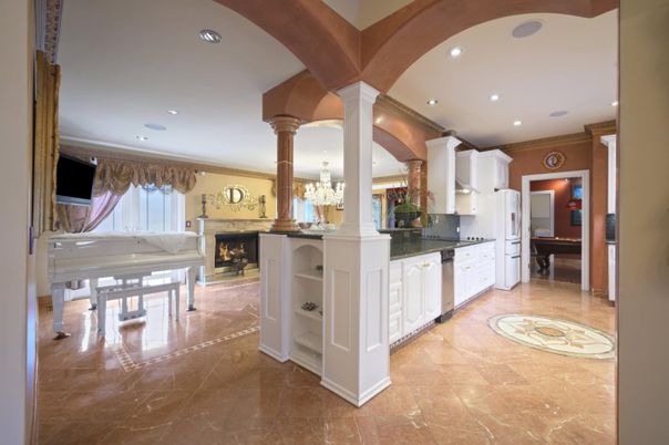 Chandelier, Fireplace, Interior, Kitchen, Piano, Recessed Lighting