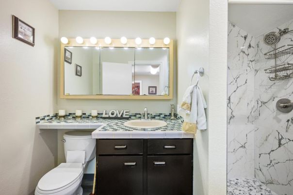 Bathroom, Interior, Marble Walls, Tile Countertops