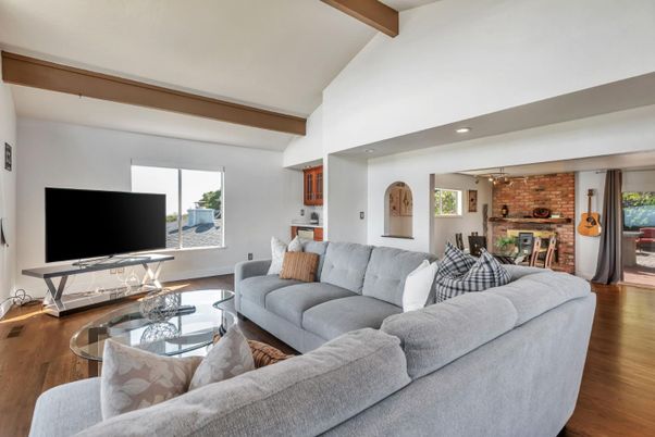 Dining room, Fireplace, Interior, Living room, Recessed Lighting, Stone Walls, Wooden Beams, Wood Texture Flooring