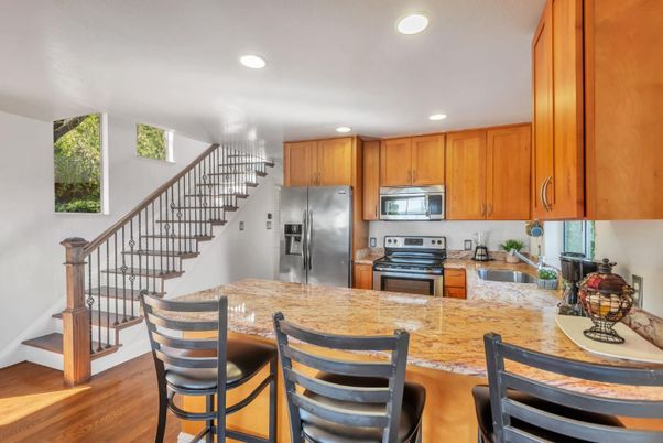 Interior, Kitchen, Recessed Lighting, Stainless Steel Appliances, Wood Texture Flooring
