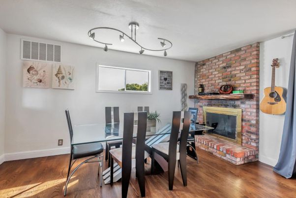 Dining room, Fireplace, Interior, Stone Walls, Wood Texture Flooring