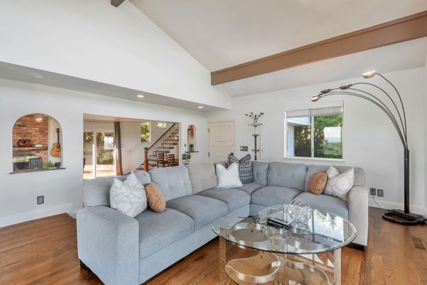 Interior, Living room, Recessed Lighting, Stone Walls, Wooden Beams, Wood Texture Flooring
