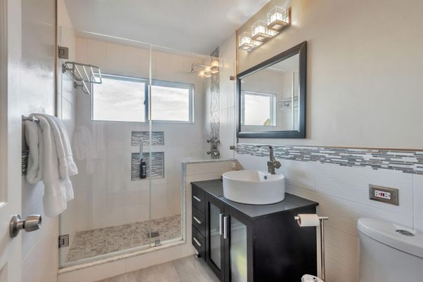 Bathroom, Glass Shower, Interior, Wood Texture Flooring