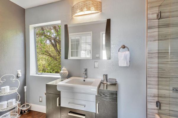 Bathroom, Glass Shower, Interior, Wood Texture Flooring