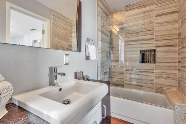 Bathroom, Glass Shower, Interior, Wood Texture Flooring