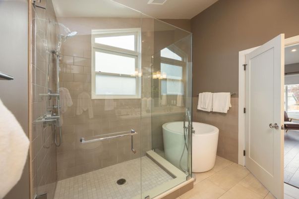 Bathroom, Free Standing Baths, Glass Shower, Interior, Recessed Lighting
