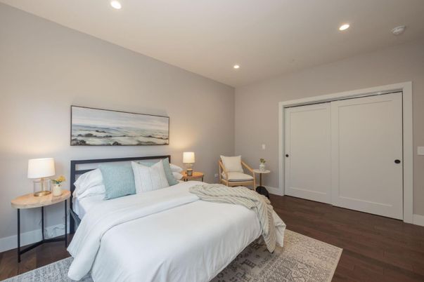 Bedroom, Interior, Recessed Lighting, Wood Texture Flooring