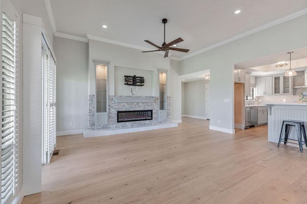 Fireplace, Interior, Kitchen, Pendant Lights, Recessed Lighting, Wood Texture Flooring