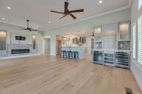 Fireplace, Interior, Kitchen, Pendant Lights, Recessed Lighting, Wood Texture Flooring