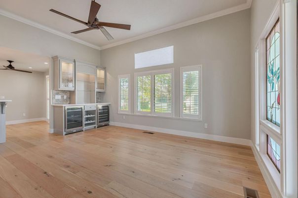 Empty room, Interior, Kitchen, Recessed Lighting, Wood Texture Flooring