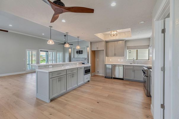 Interior, Kitchen, Pendant Lights, Recessed Lighting, Stainless Steel Appliances, Wood Texture Flooring
