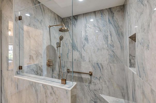 Bathroom, Glass Shower, Interior, Marble Walls, Recessed Lighting