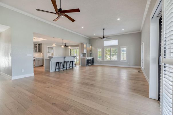 Empty room, Interior, Kitchen, Pendant Lights, Recessed Lighting, Wood Texture Flooring