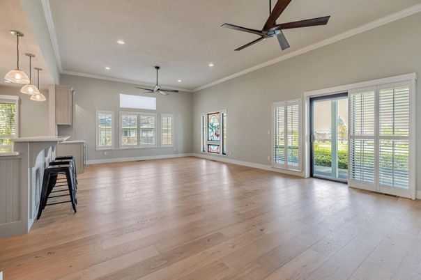 Empty room, Interior, Pendant Lights, Recessed Lighting, Wood Texture Flooring