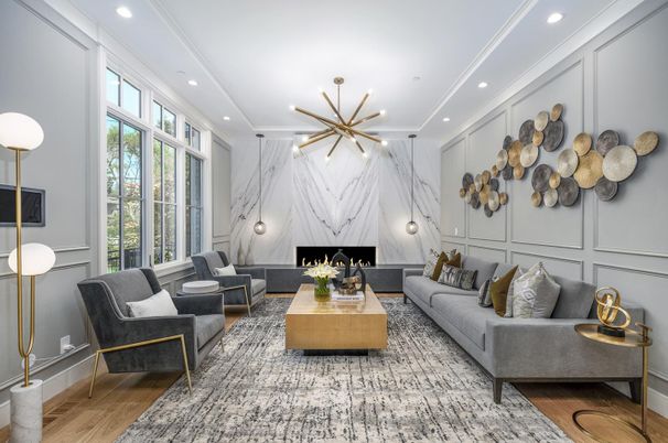 Fireplace, Interior, Living room, Marble Walls, Pendant Lights, Recessed Lighting, Wood Texture Flooring