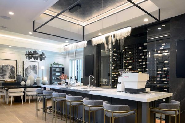 Chandelier, Interior, Recessed Lighting, Wine Storage, Wood Texture Flooring