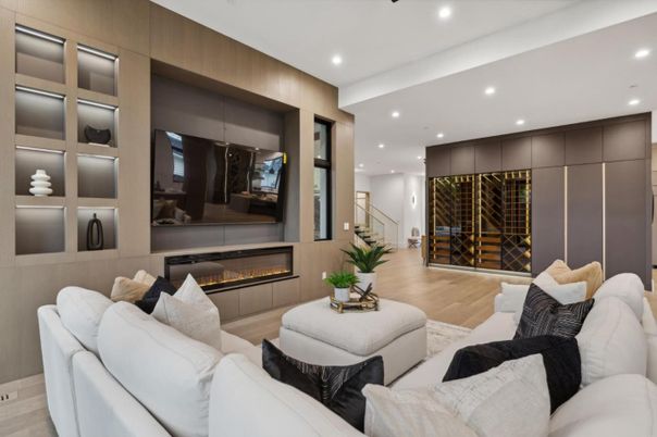 Fireplace, Interior, Living room, Recessed Lighting, Wine Storage, Wood Texture Flooring