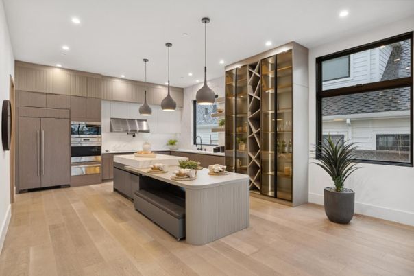 Interior, Kitchen, Pendant Lights, Recessed Lighting, Stainless Steel Appliances, Wood Texture Flooring