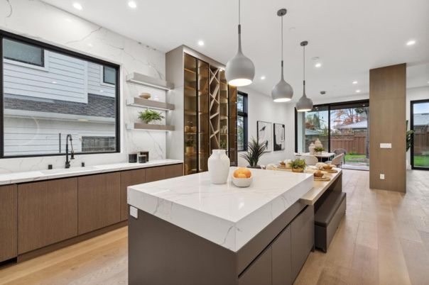Interior, Kitchen, Marble Walls, Pendant Lights, Recessed Lighting, Wood Texture Flooring