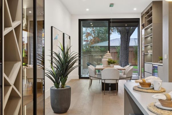 Dining room, Interior, Pendant Lights, Recessed Lighting, Wood Texture Flooring