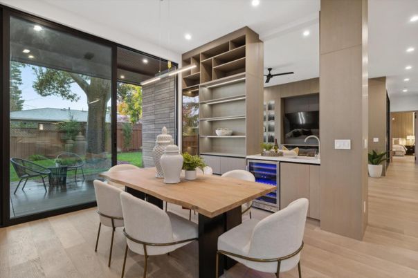 Dining room, Interior, Pendant Lights, Recessed Lighting, Wood Texture Flooring