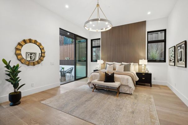 Bedroom, Interior, Pendant Lights, Recessed Lighting, Wood Texture Flooring