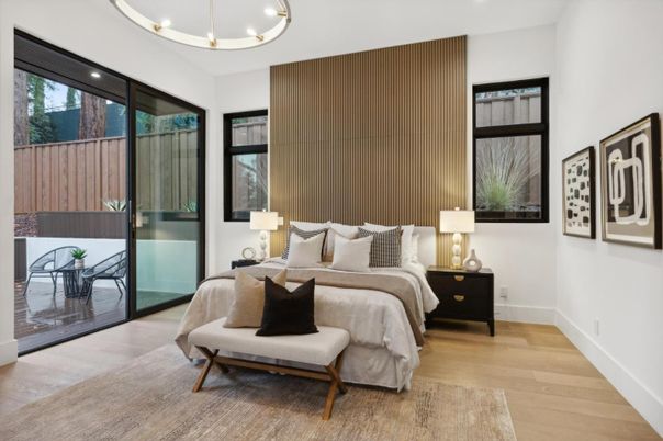 Bedroom, Interior, Pendant Lights, Recessed Lighting, Wood Texture Flooring