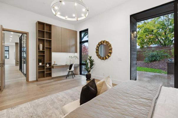 Bedroom, Interior, Pendant Lights, Recessed Lighting, Wood Texture Flooring
