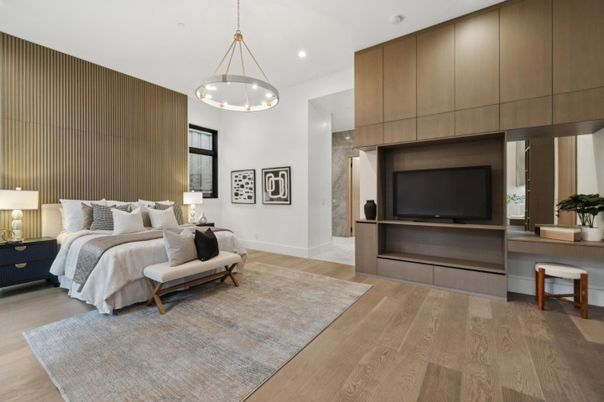 Bedroom, Interior, Pendant Lights, Recessed Lighting, Wood Texture Flooring