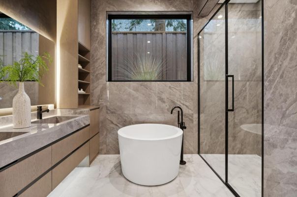 Bathroom, Free Standing Baths, Glass Shower, Interior, Marble