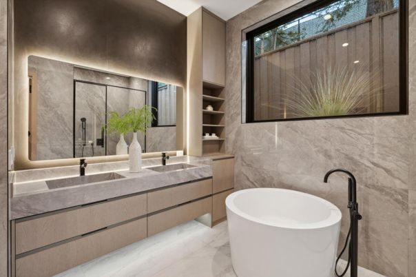 Bathroom, Dual Sink Vanities, Free Standing Baths, Interior, Marble, Marble Walls, Recessed Lighting