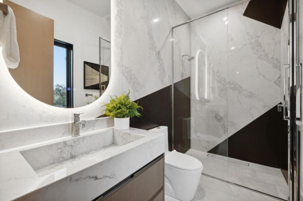 Bathroom, Glass Shower, Interior, Marble Walls, Recessed Lighting