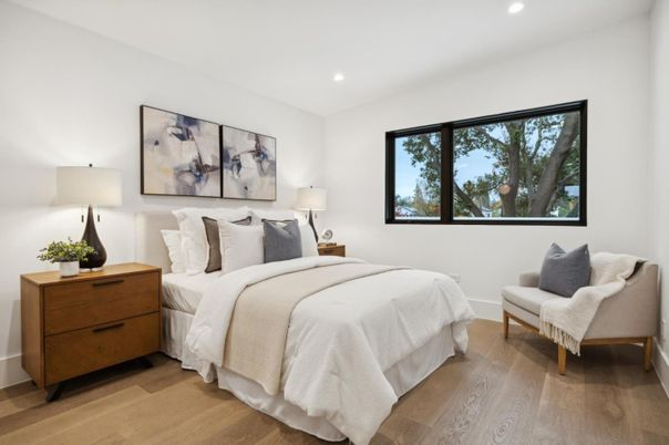 Bedroom, Interior, Recessed Lighting, Wood Texture Flooring