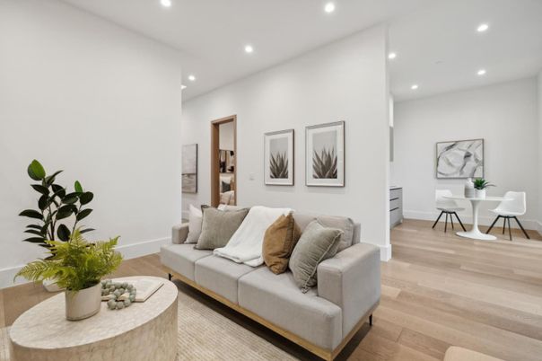 Dining room, Interior, Living room, Recessed Lighting, Wood Texture Flooring