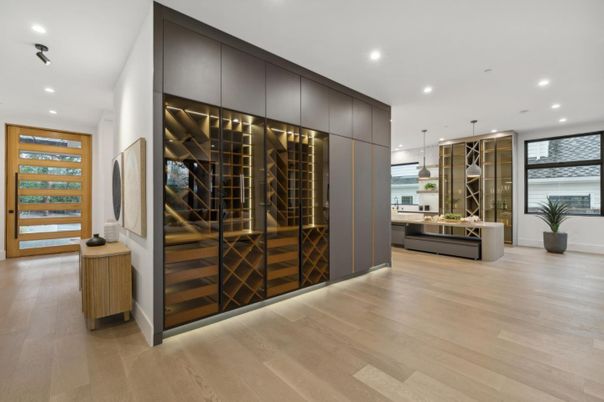 Interior, Pendant Lights, Recessed Lighting, Stainless Steel Appliances, Wine Storage, Wood Texture Flooring
