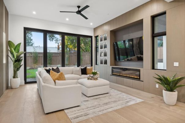 Fireplace, Interior, Living room, Recessed Lighting, Wood Texture Flooring