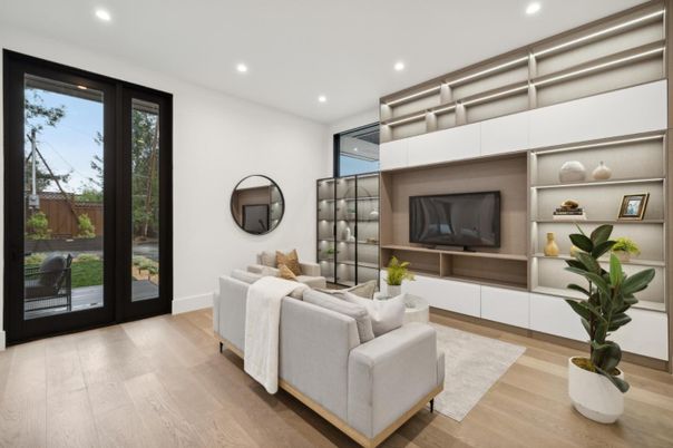 Interior, Living room, Recessed Lighting, Wood Texture Flooring