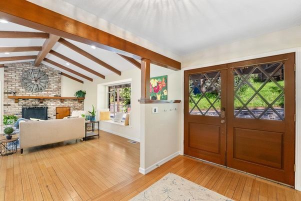 Fireplace, Interior, Living room, Stone Walls, Wooden Beams, Wood Texture Flooring