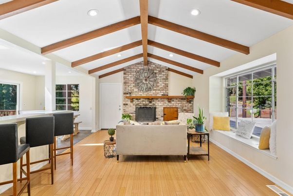Fireplace, Interior, Living room, Recessed Lighting, Stone Walls, Wooden Beams, Wood Texture Flooring
