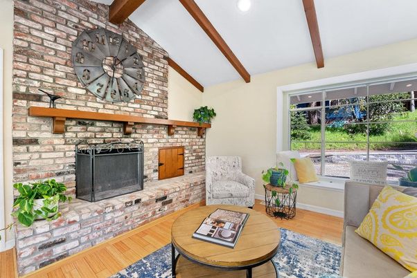 Fireplace, Interior, Living room, Recessed Lighting, Stone Walls, Wooden Beams, Wood Texture Flooring