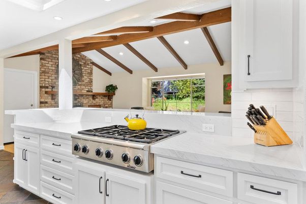 Interior, Kitchen, Recessed Lighting, Stainless Steel Appliances, Stone Walls, Wooden Beams
