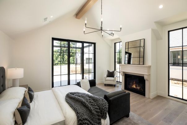 Bedroom, Fireplace, Interior, Pendant Lights, Recessed Lighting, Wooden Beams, Wood Texture Flooring