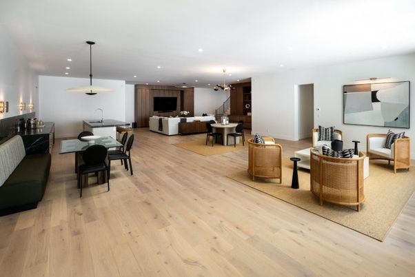 Dining room, Interior, Living room, Pendant Lights, Recessed Lighting, Wood Texture Flooring
