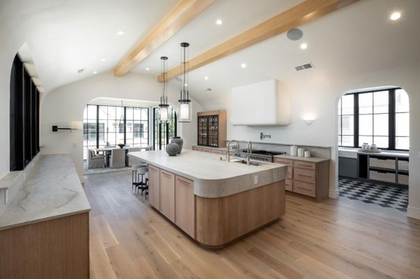 Interior, Kitchen, Pendant Lights, Recessed Lighting, Wooden Beams, Wood Texture Flooring